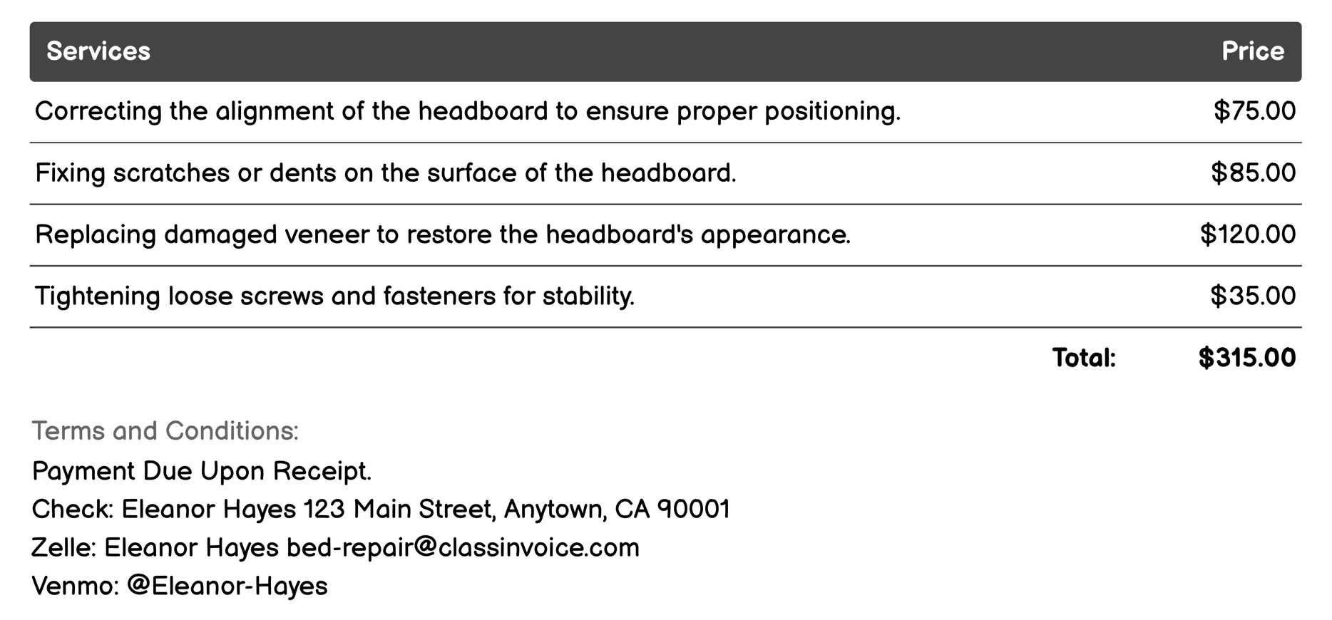 Headboard Repair Invoice Example