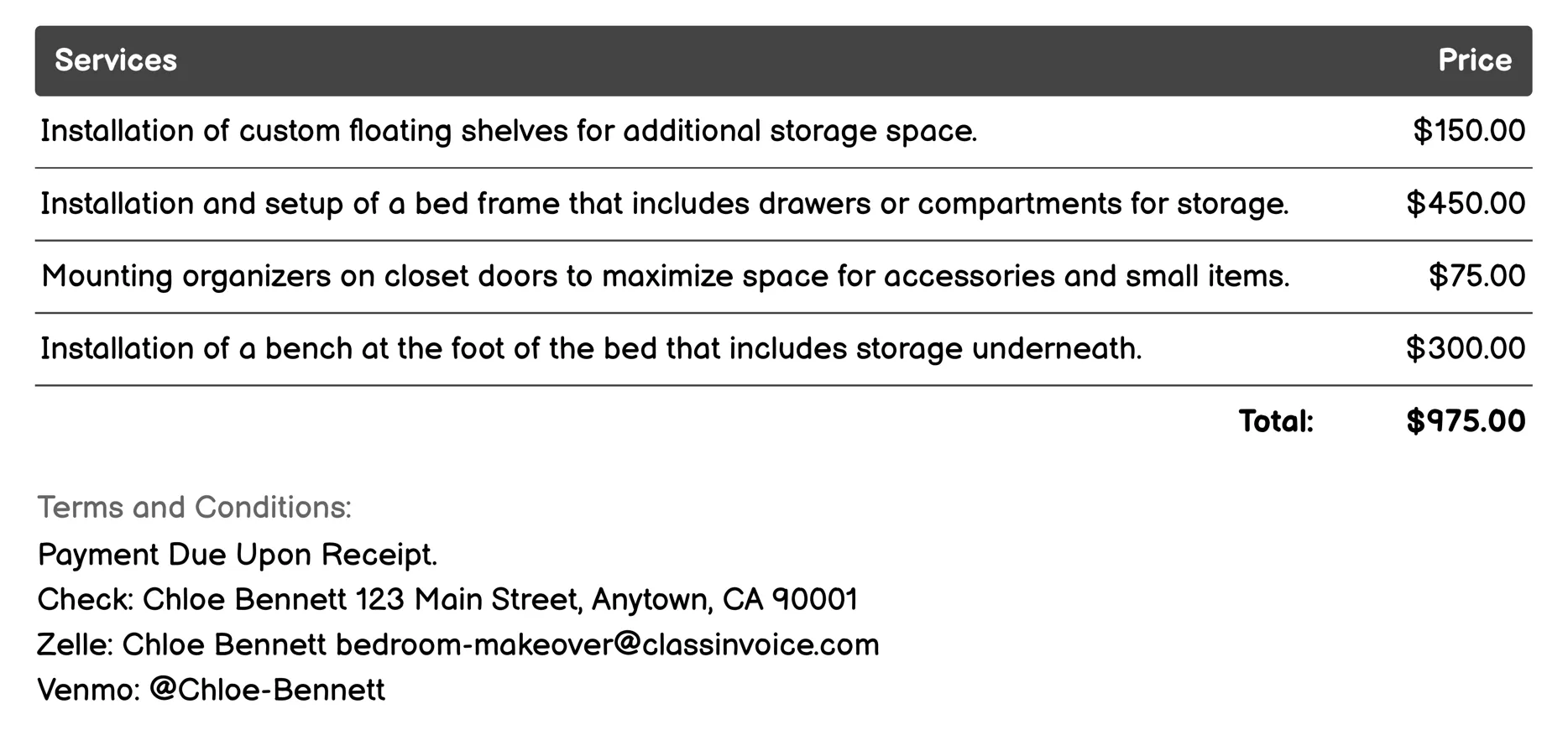 Storage Solutions Invoice Example