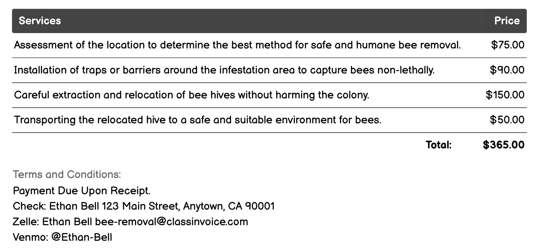 Honey Bee Relocation Invoice Example