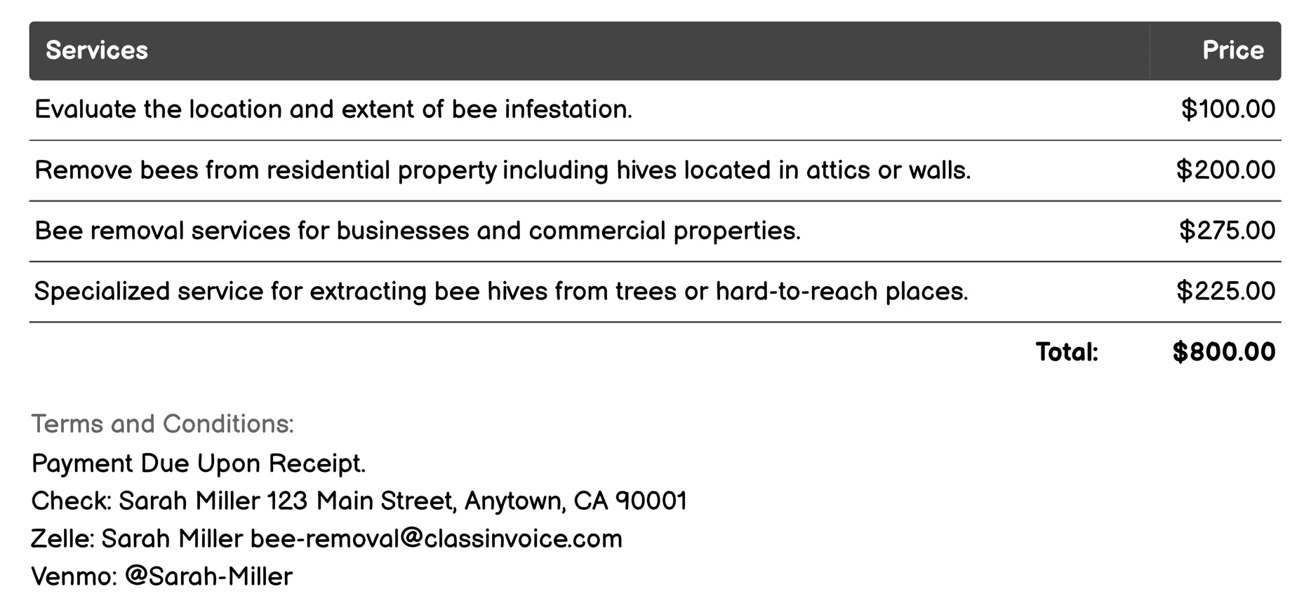 Urgent Bee Removal Invoice Example