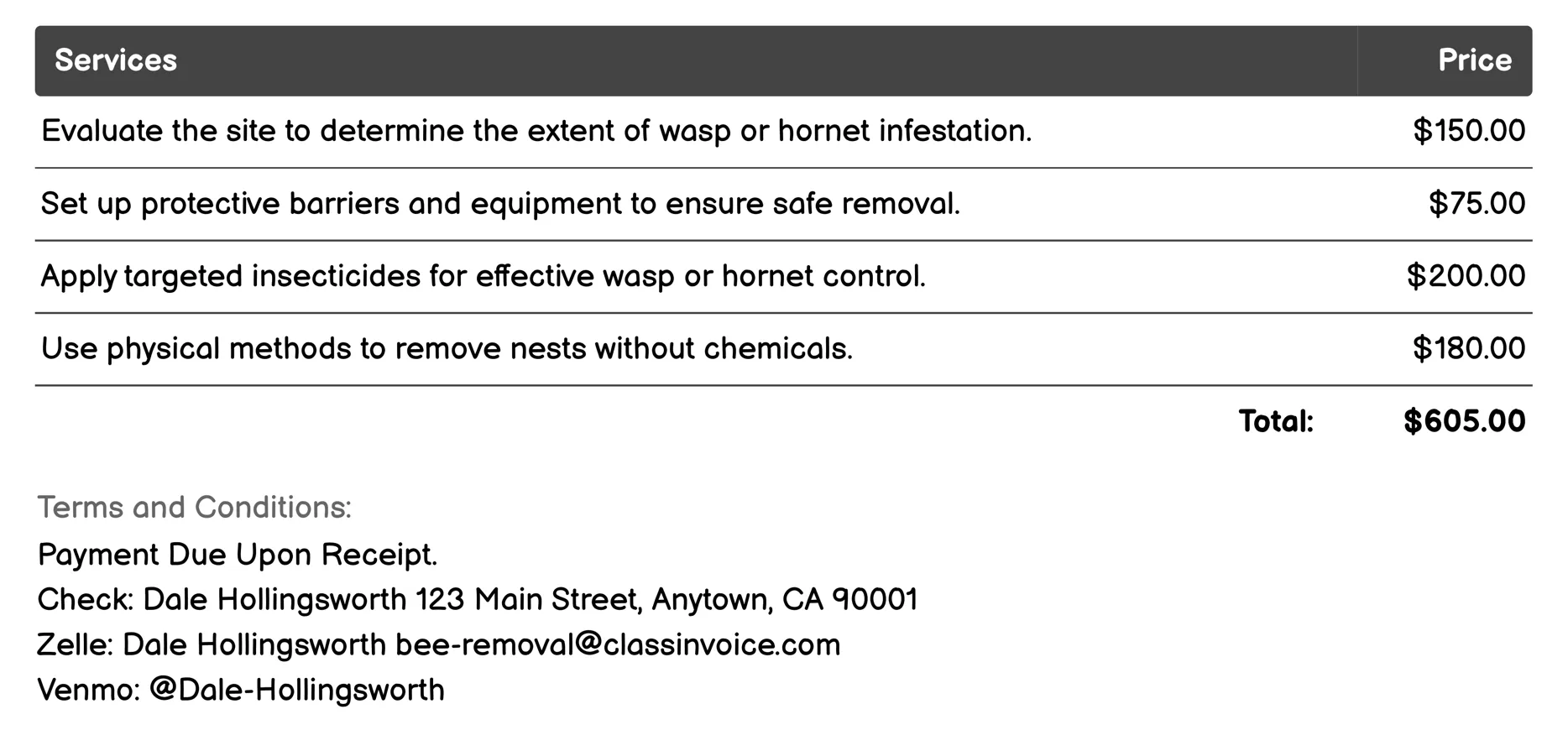 Wasp and Hornet Removal Invoice Example
