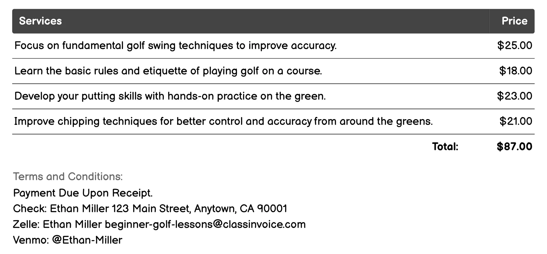 On-Course Experience Invoice Example