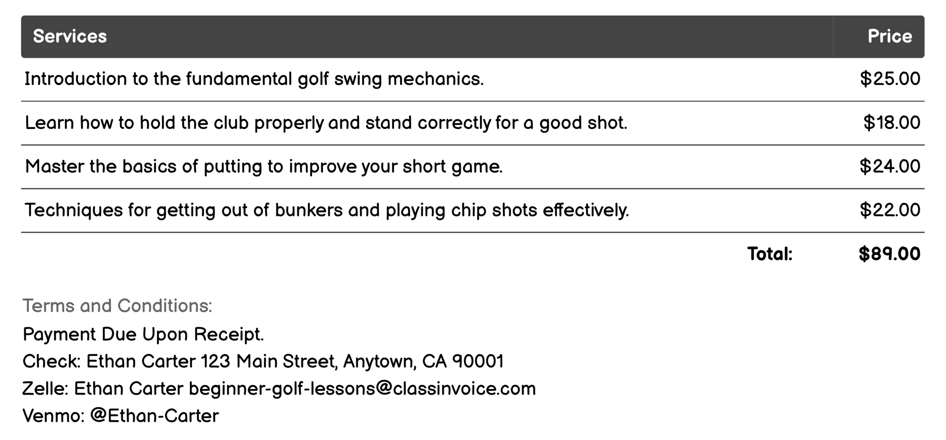 Virtual Golf Coaching Invoice Example