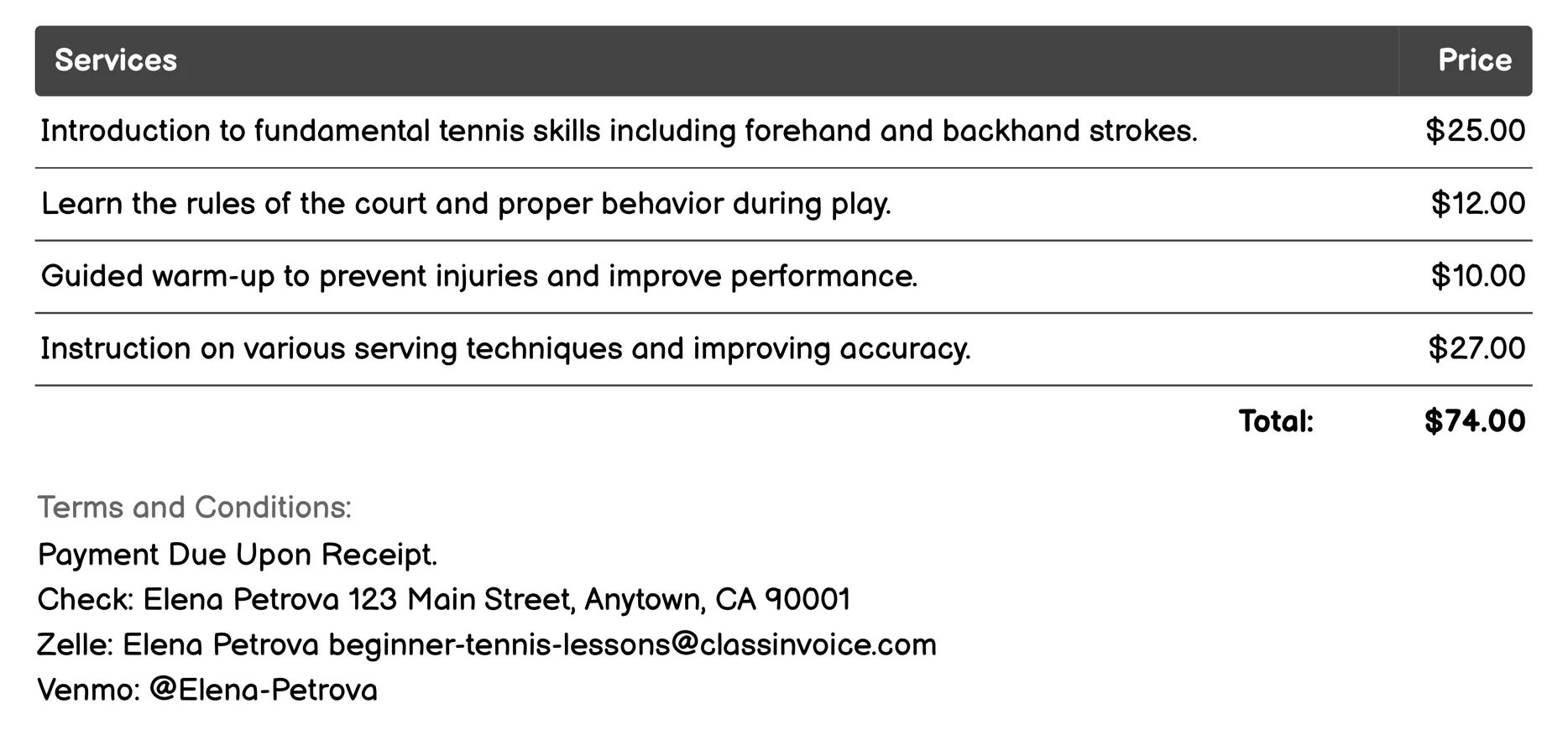 Court Rental with Instruction Invoice Example