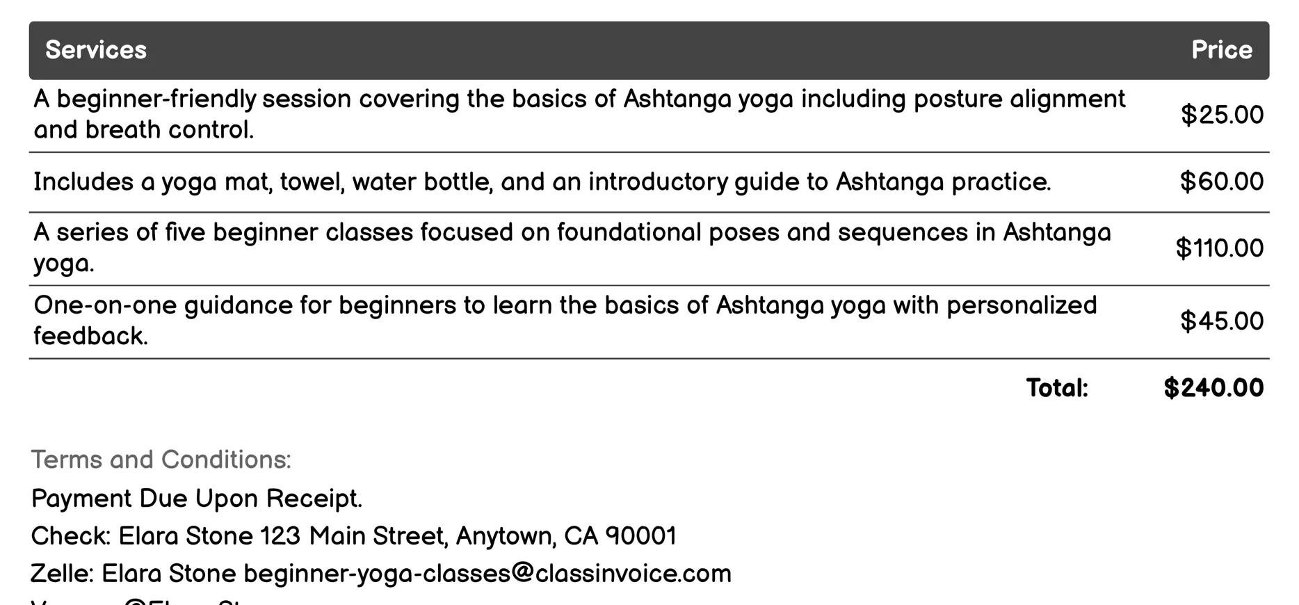 Beginner Ashtanga Practice Invoice Example