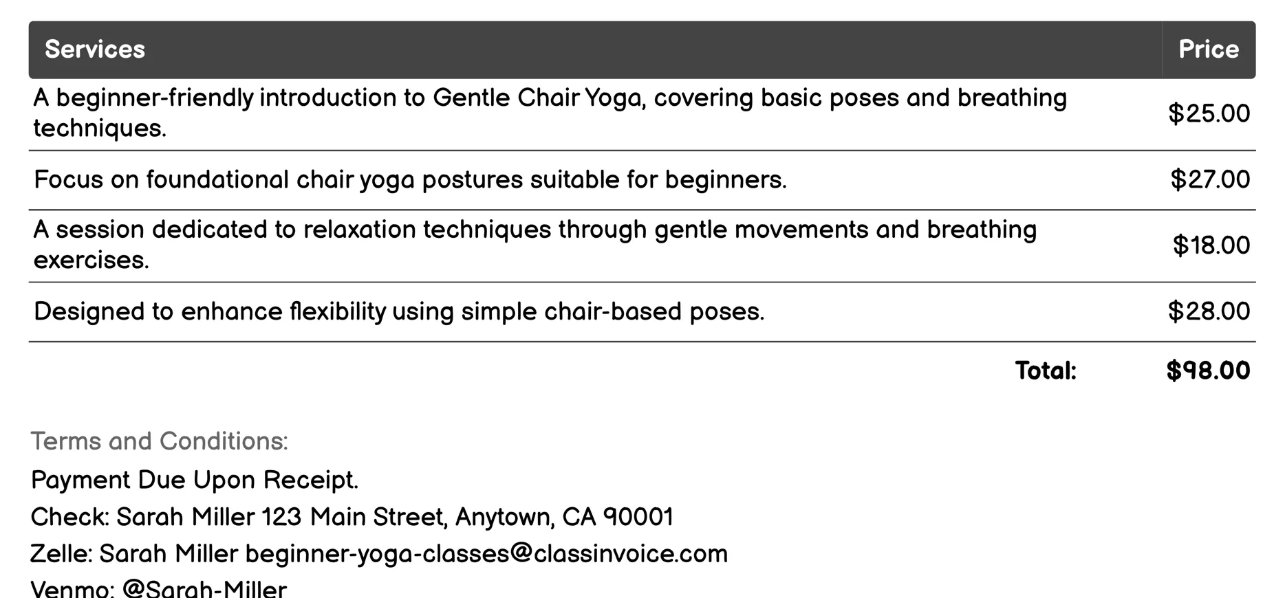 Gentle Chair Yoga Invoice Example