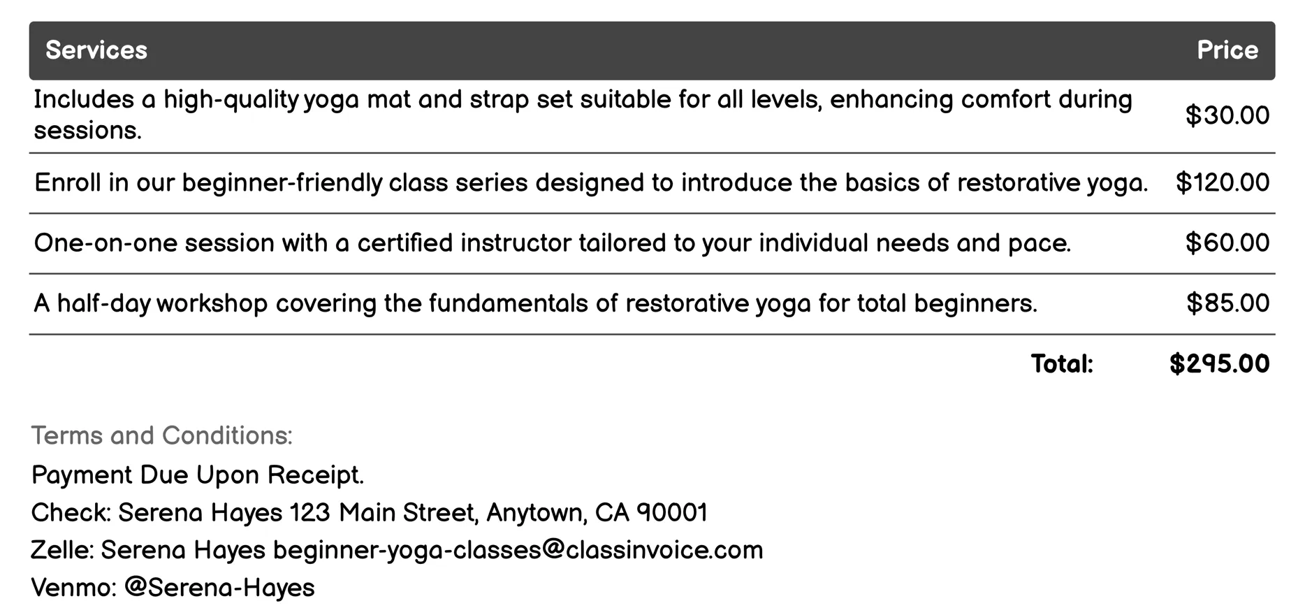 Restorative Yoga for Newcomers Invoice Example
