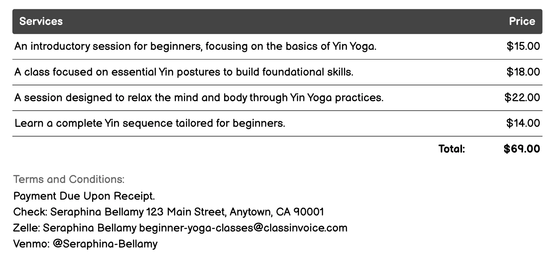 Yin Yoga Basics Invoice Example