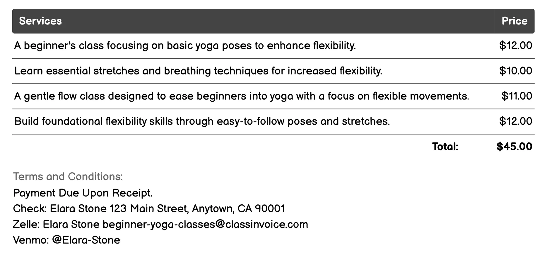 Yoga for Flexibility Novices Invoice Example