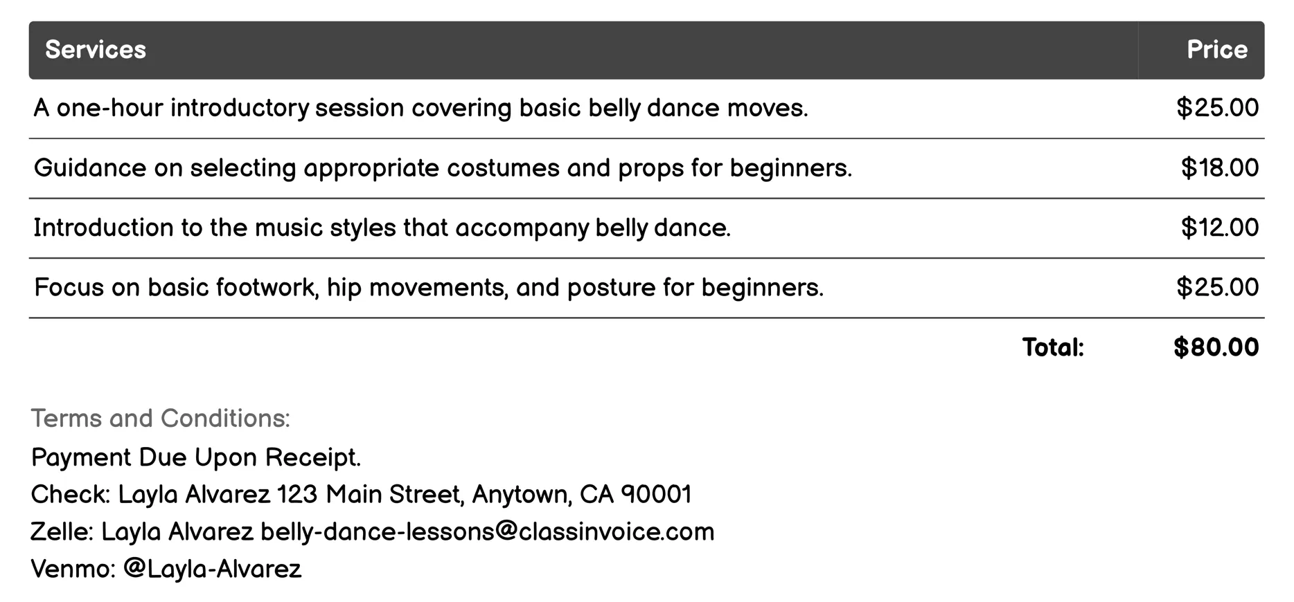 Beginner Classes Invoice Example