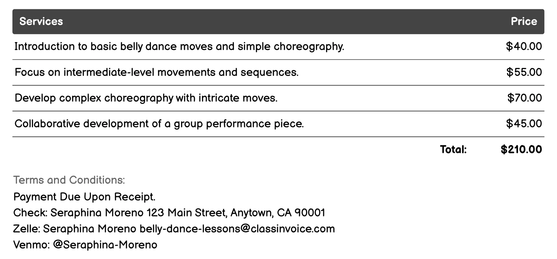 Choreography Development Classes Invoice Example