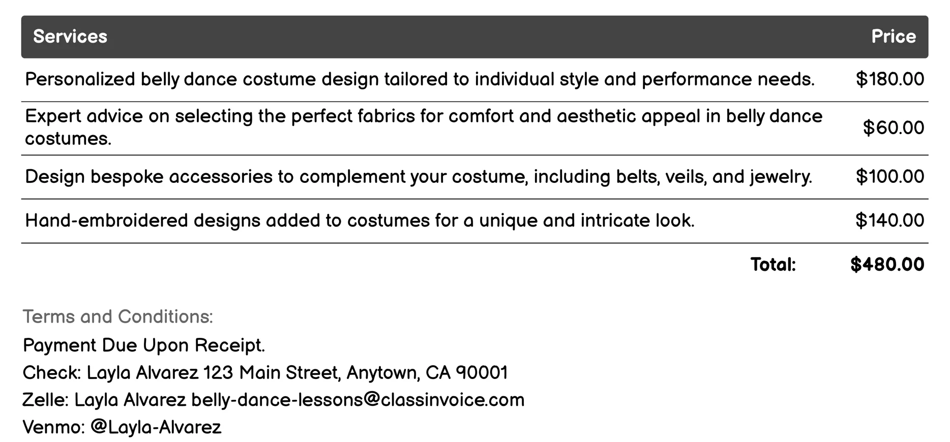 Costume Design and Fashion Shows Invoice Example