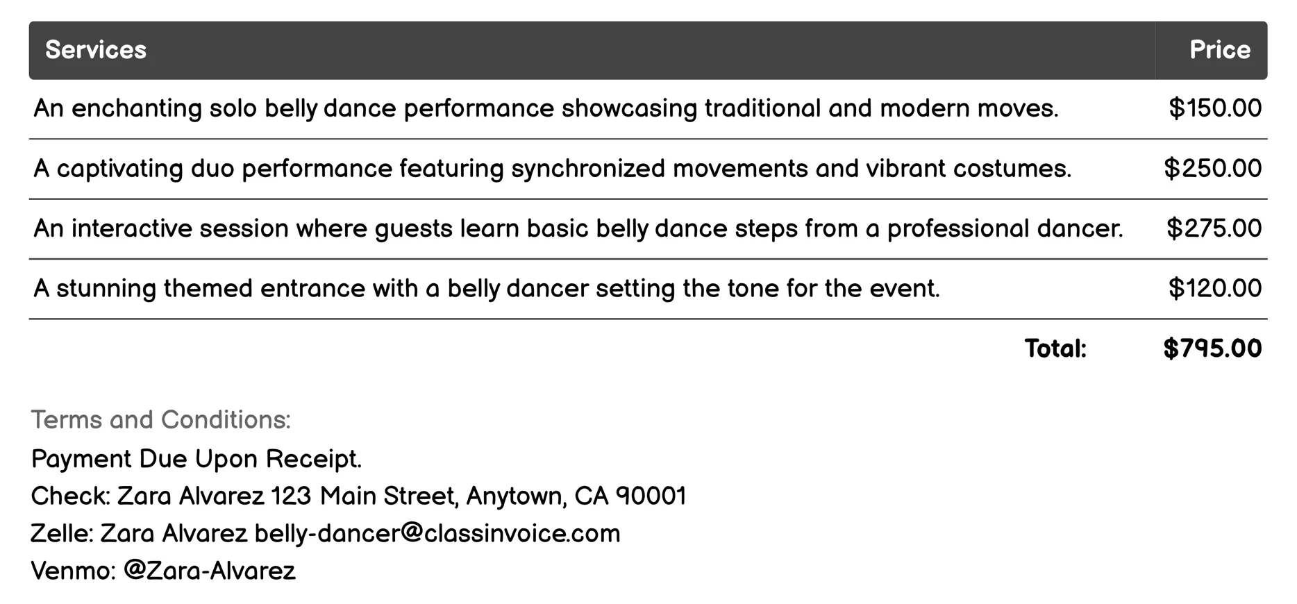 Themed Party Entertainment Invoice Example