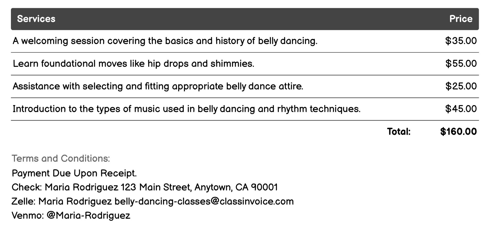 Beginner Workshops Invoice Example