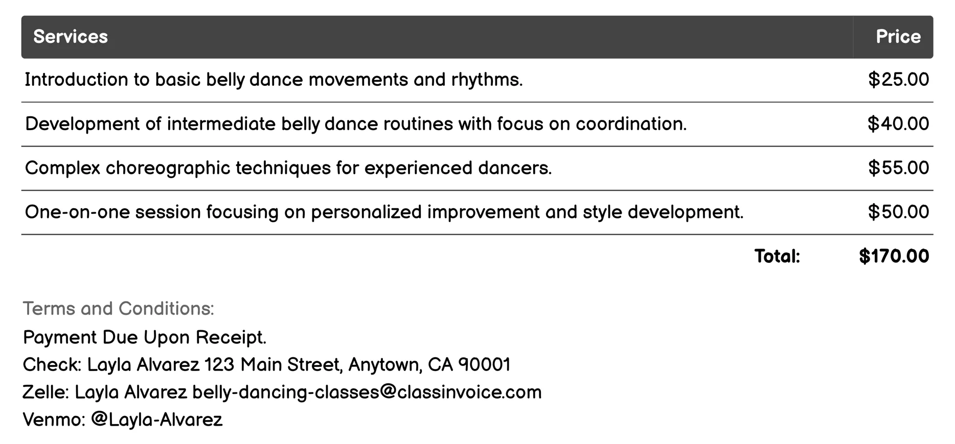 Choreography Classes Invoice Example