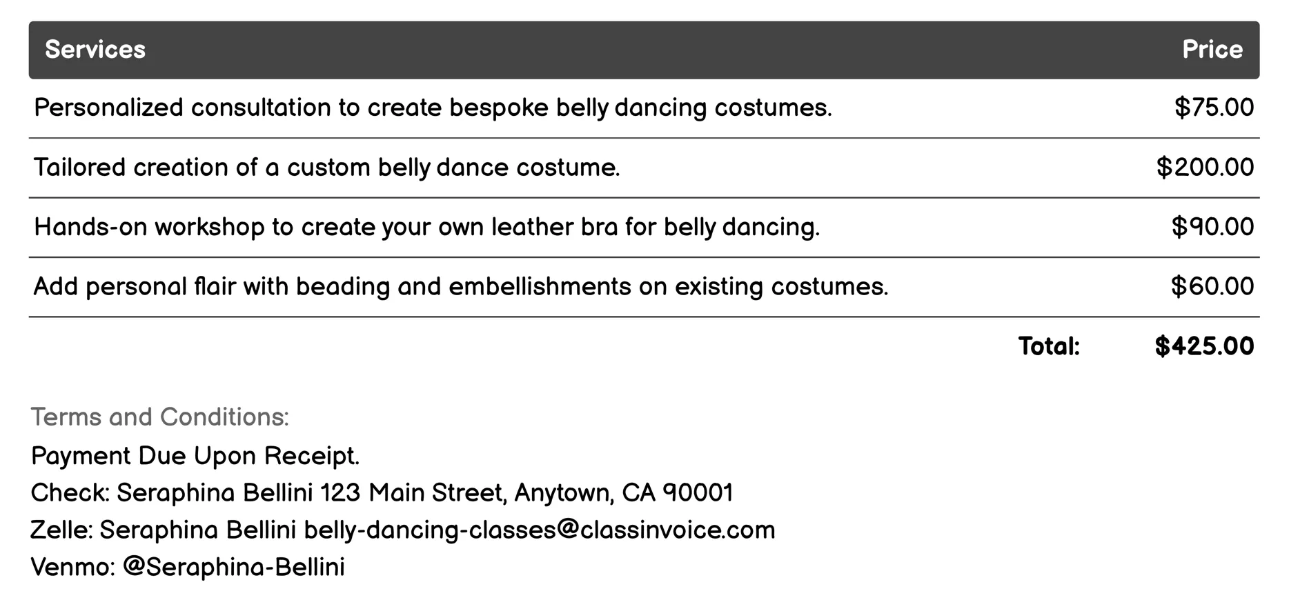Costume and Costume Design Workshops Invoice Example