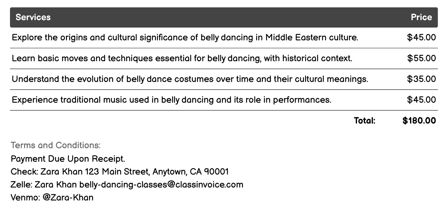 Cultural History Lessons Invoice Example