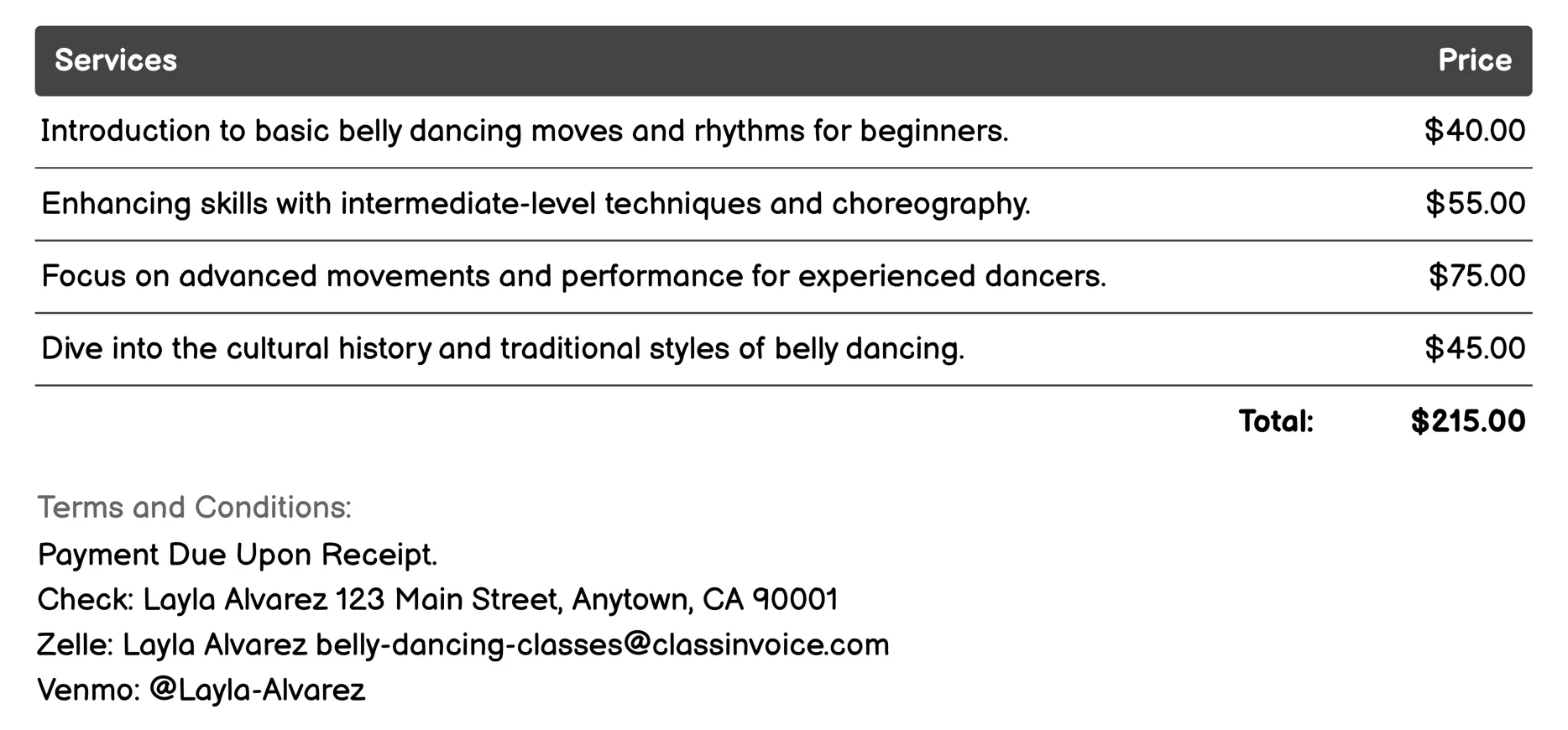 Private Lessons Invoice Example