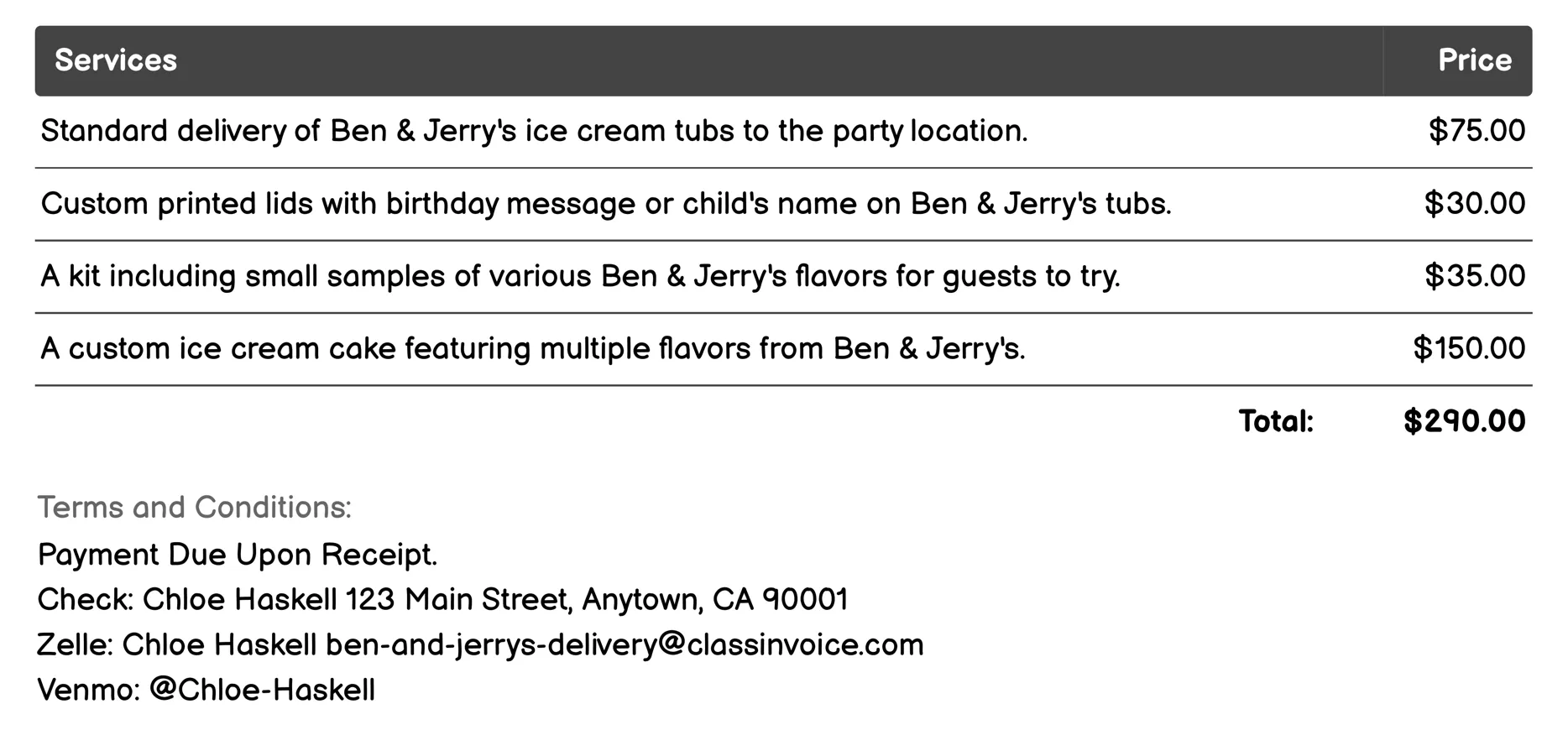 Birthday Party Delivery Invoice Example
