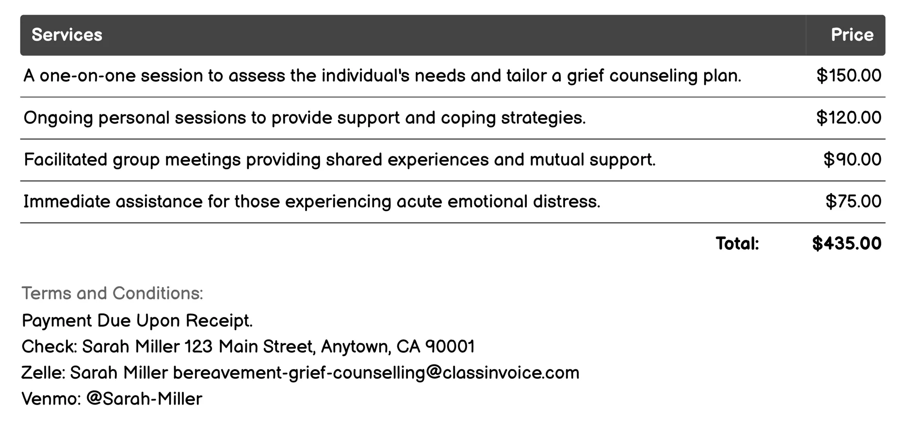 Crisis Intervention Invoice Example