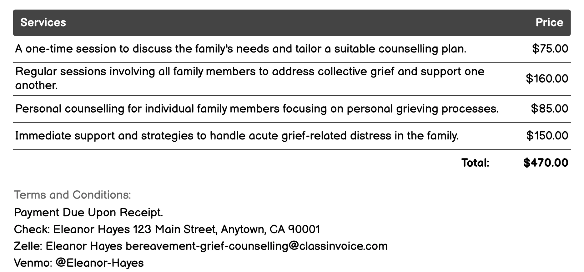 Family Counselling Invoice Example