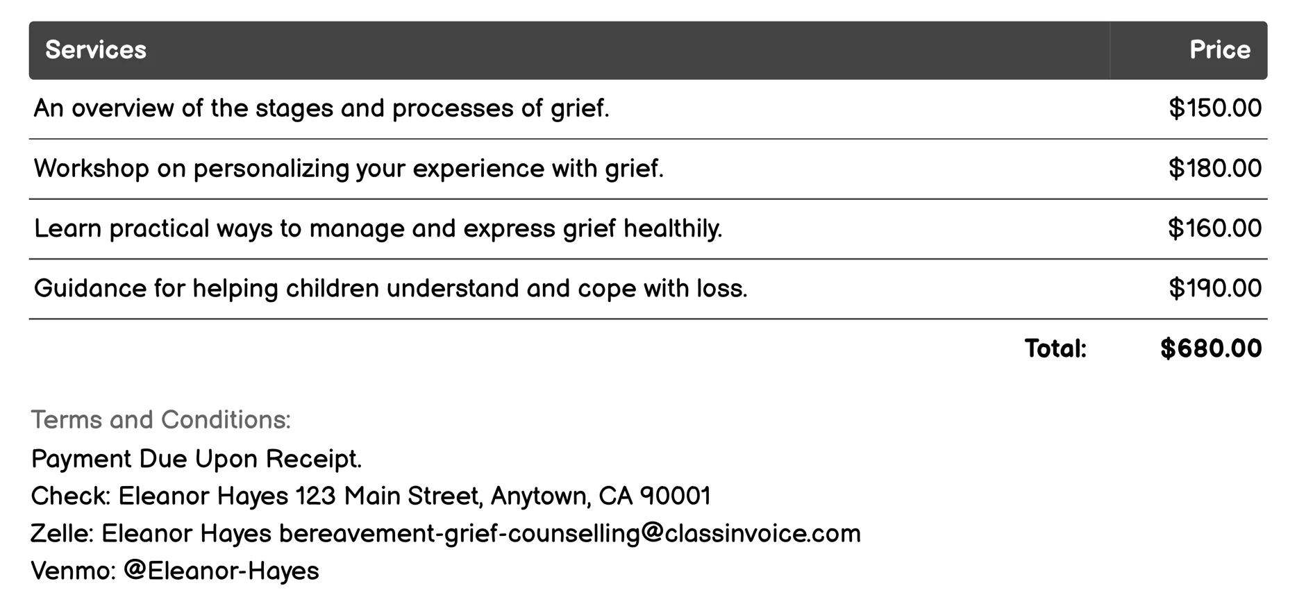 Grief Education Invoice Example