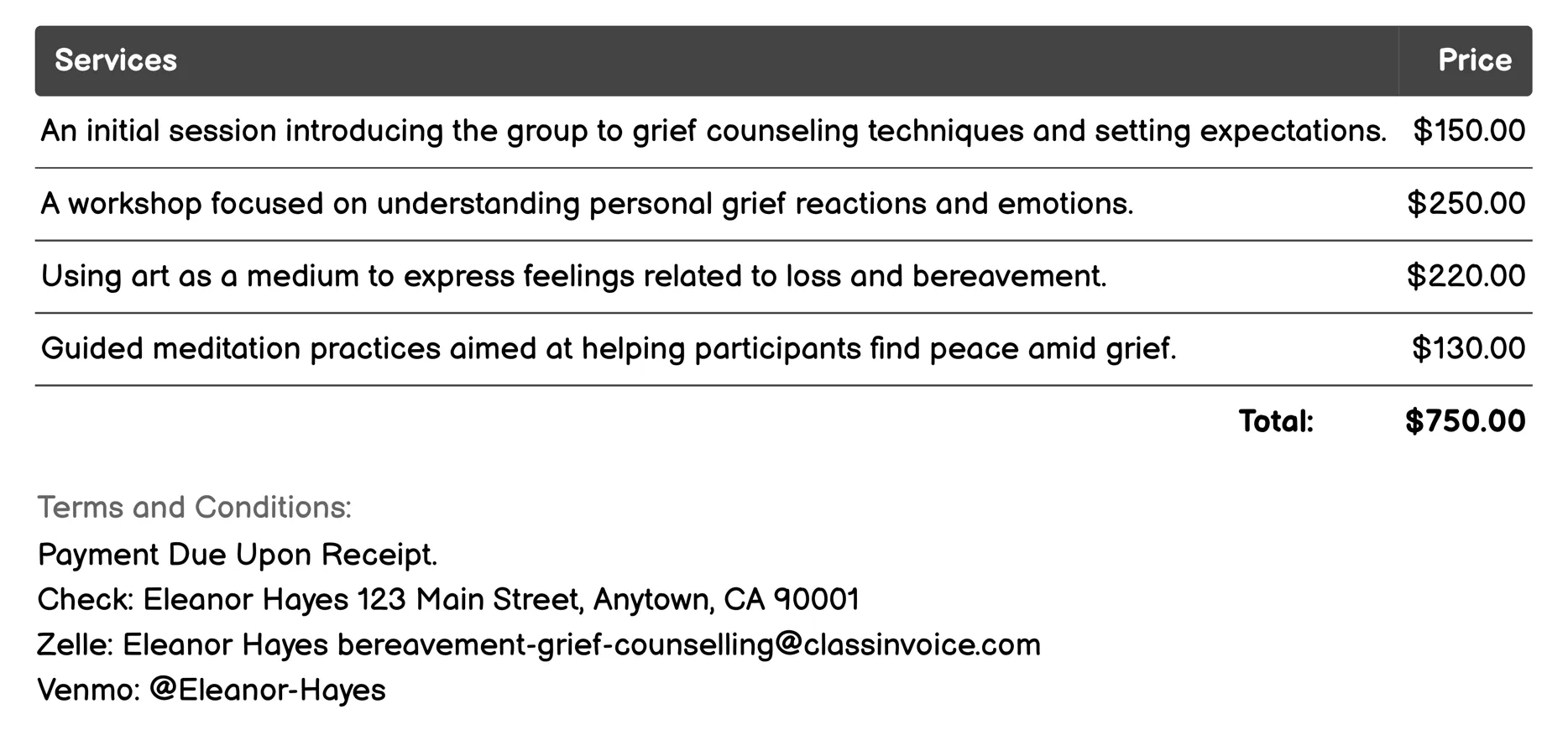 Group Therapy Invoice Example