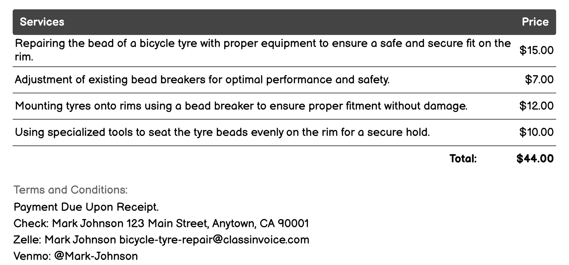 Bead Breaker Service Invoice Example