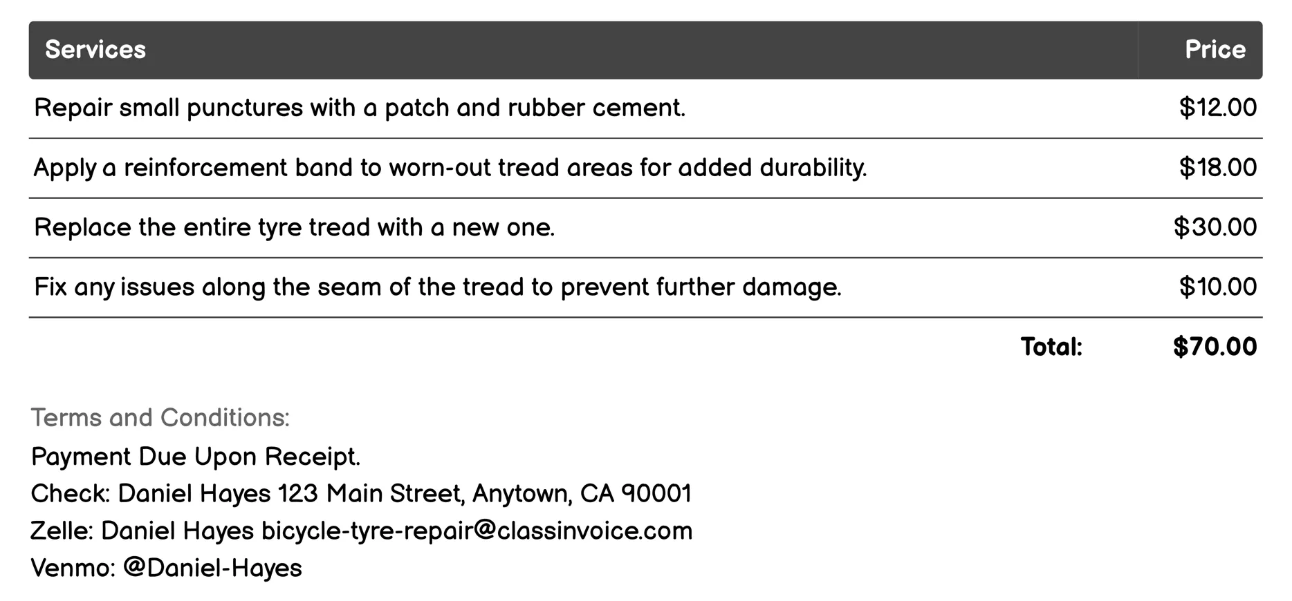 Tread Repair Invoice Example