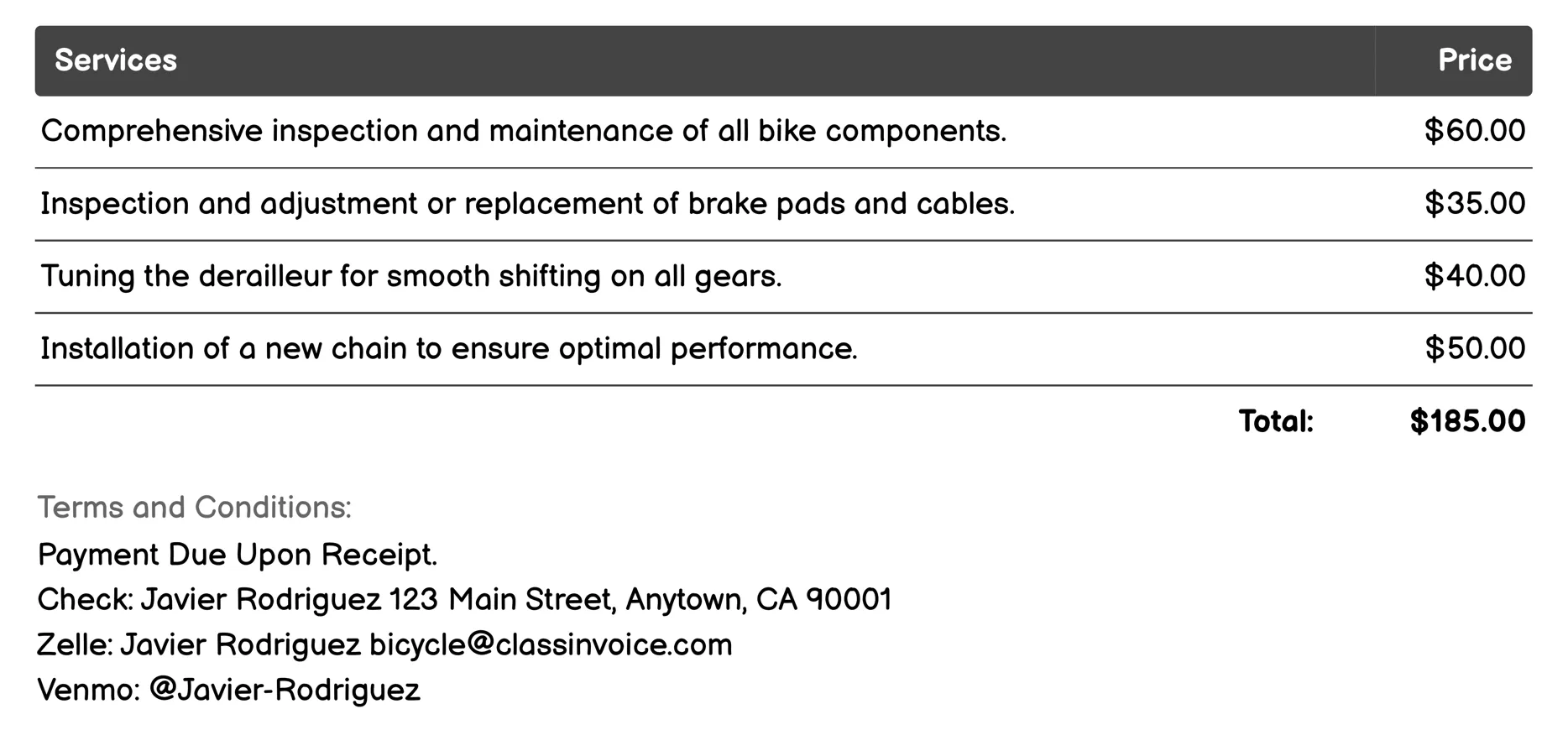 Bike Shops Invoice Example