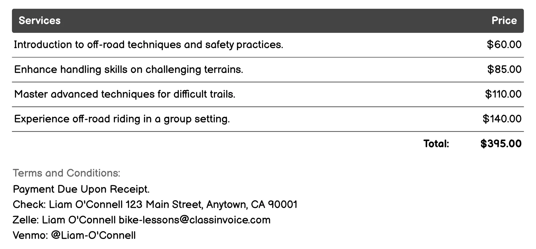 Off-Road Adventure Riding Invoice Example
