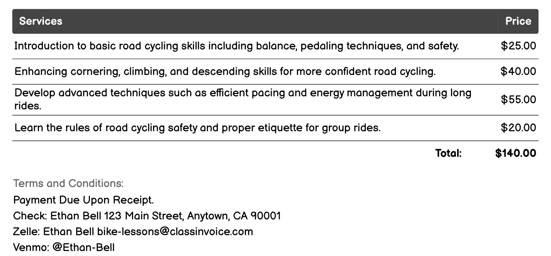 Road Cycling Skills Invoice Example