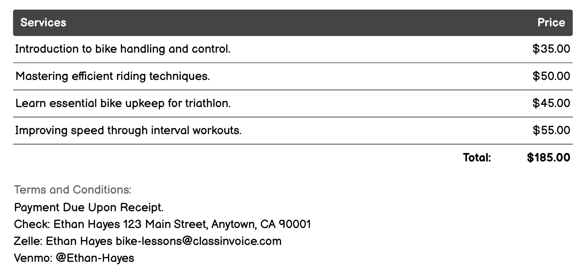 Triathlon Transition Skills Invoice Example