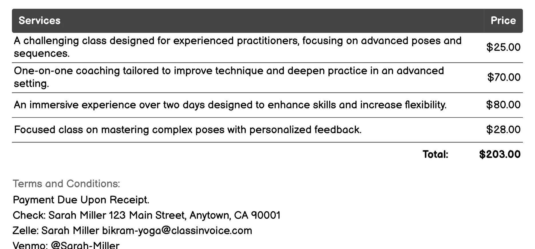 Advanced Classes Invoice Example