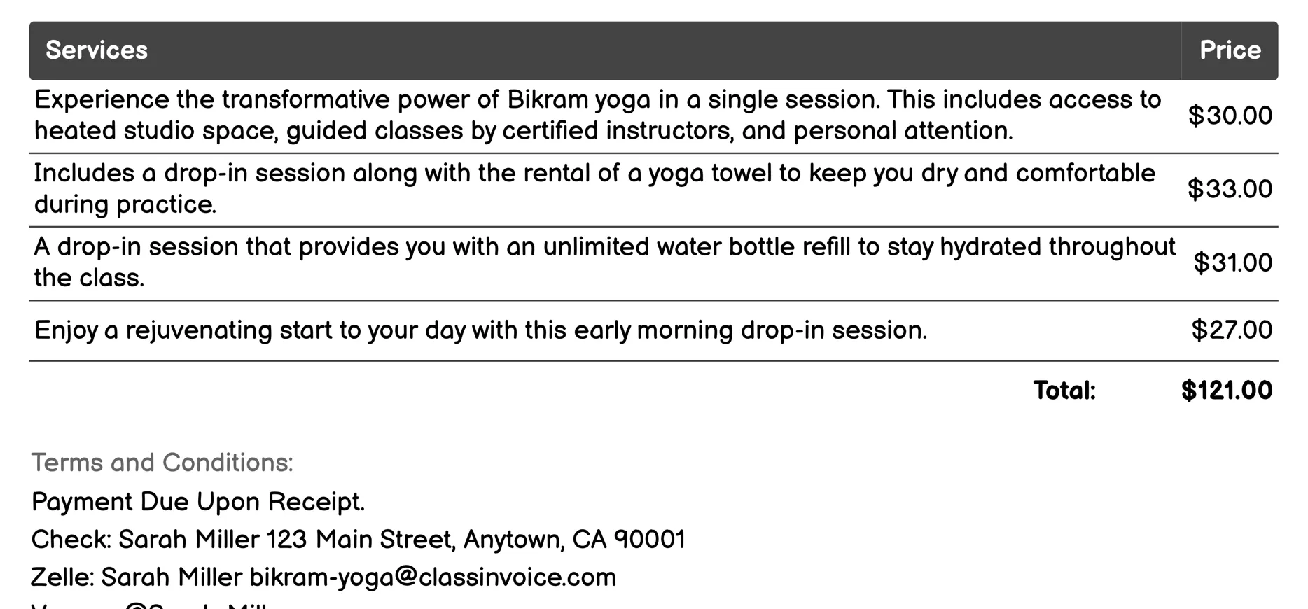 Drop-In Sessions Invoice Example