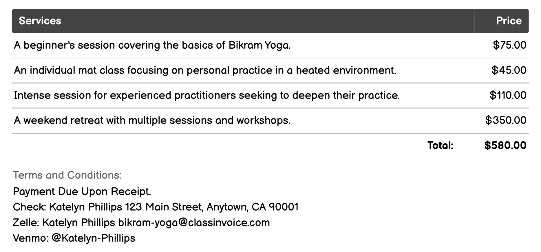 Hot Yoga Workshops Invoice Example