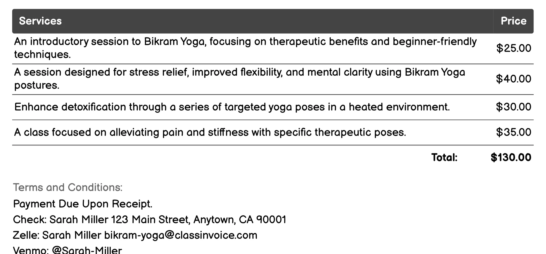 Therapeutic Classes Invoice Example