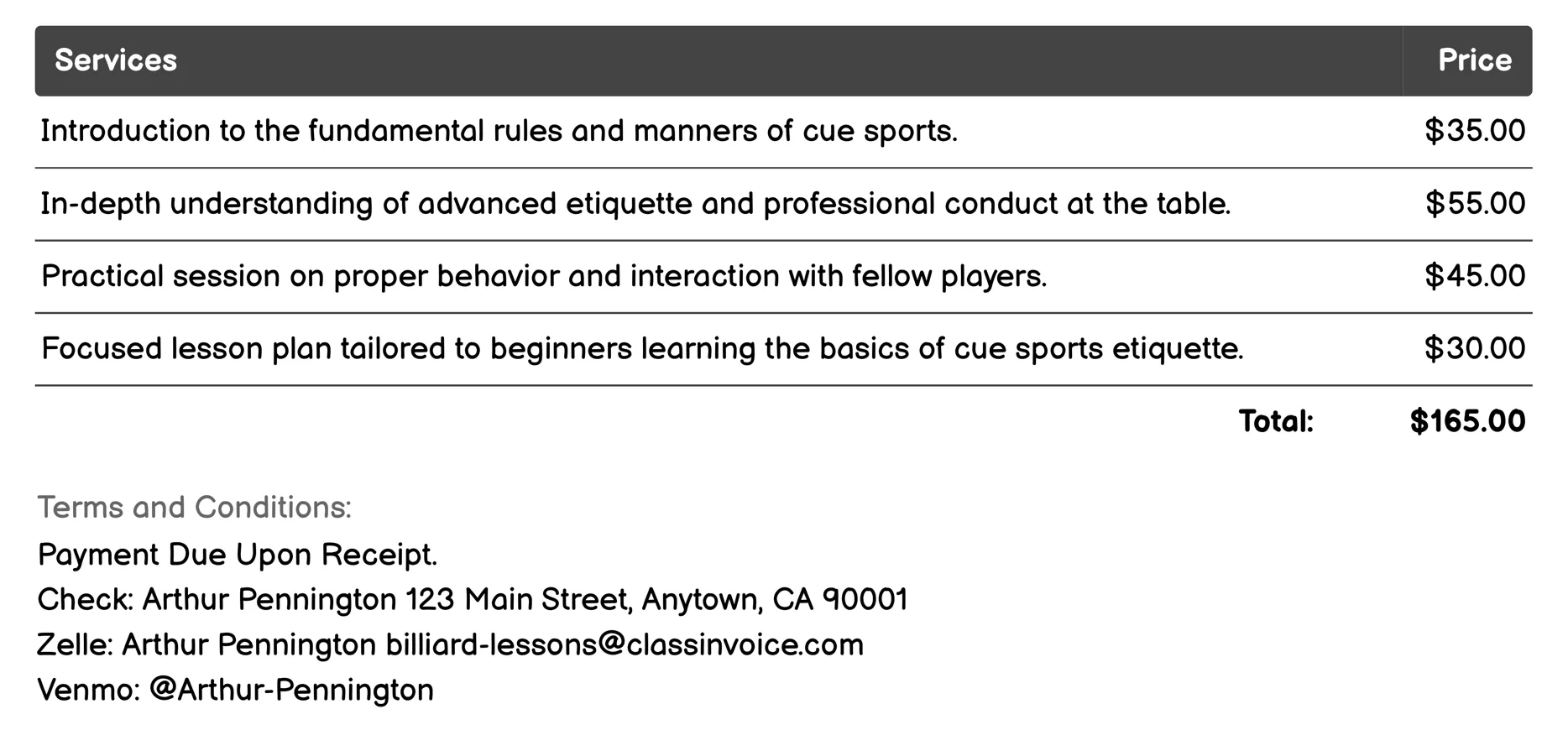 Cue Sports Etiquette Invoice Example