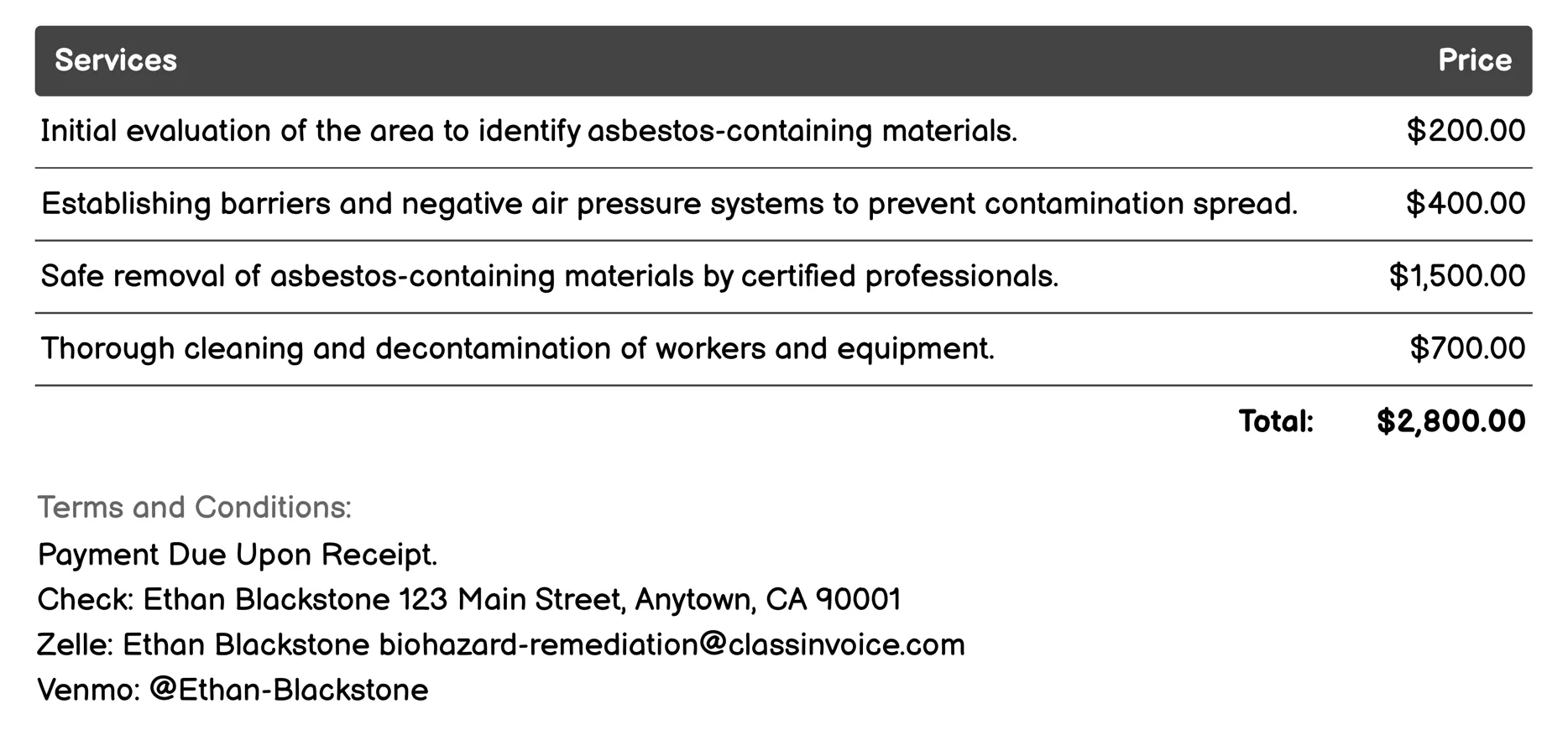Asbestos Abatement Invoice Example