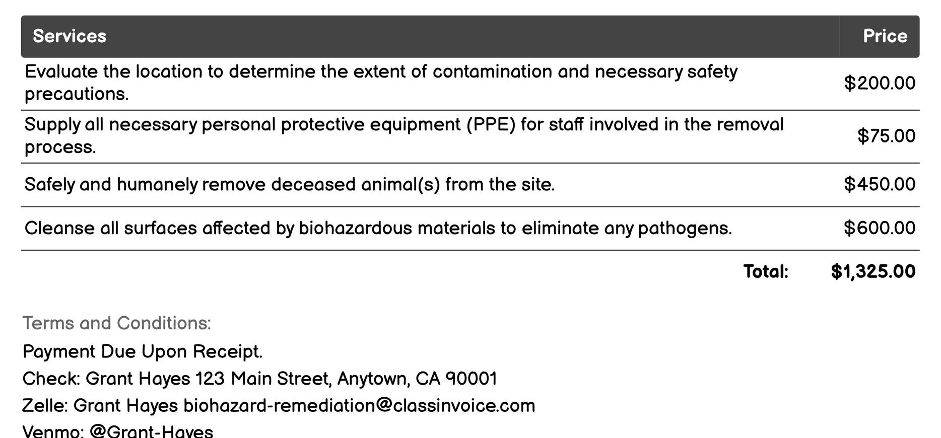 Dead Animal Removal Invoice Example