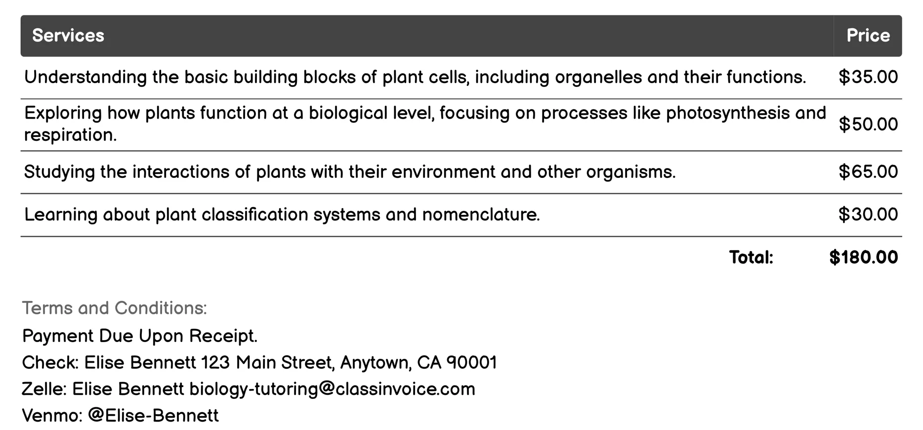 Botany Tutoring Invoice Example
