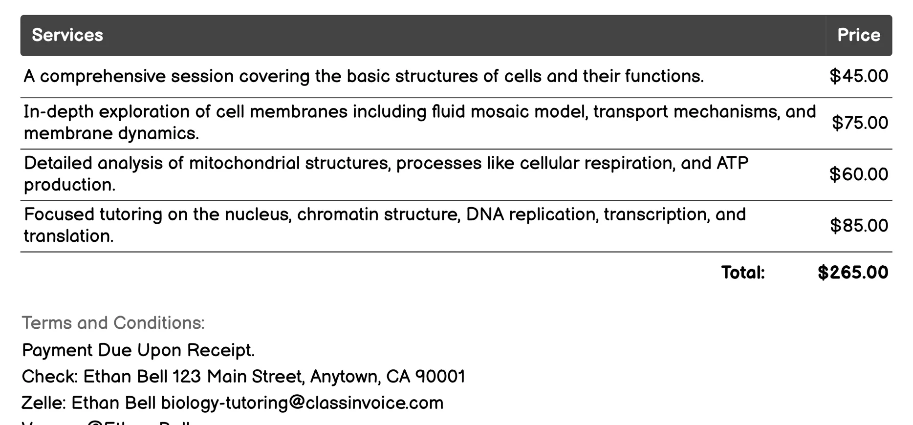 Cell Biology Tutoring Invoice Example
