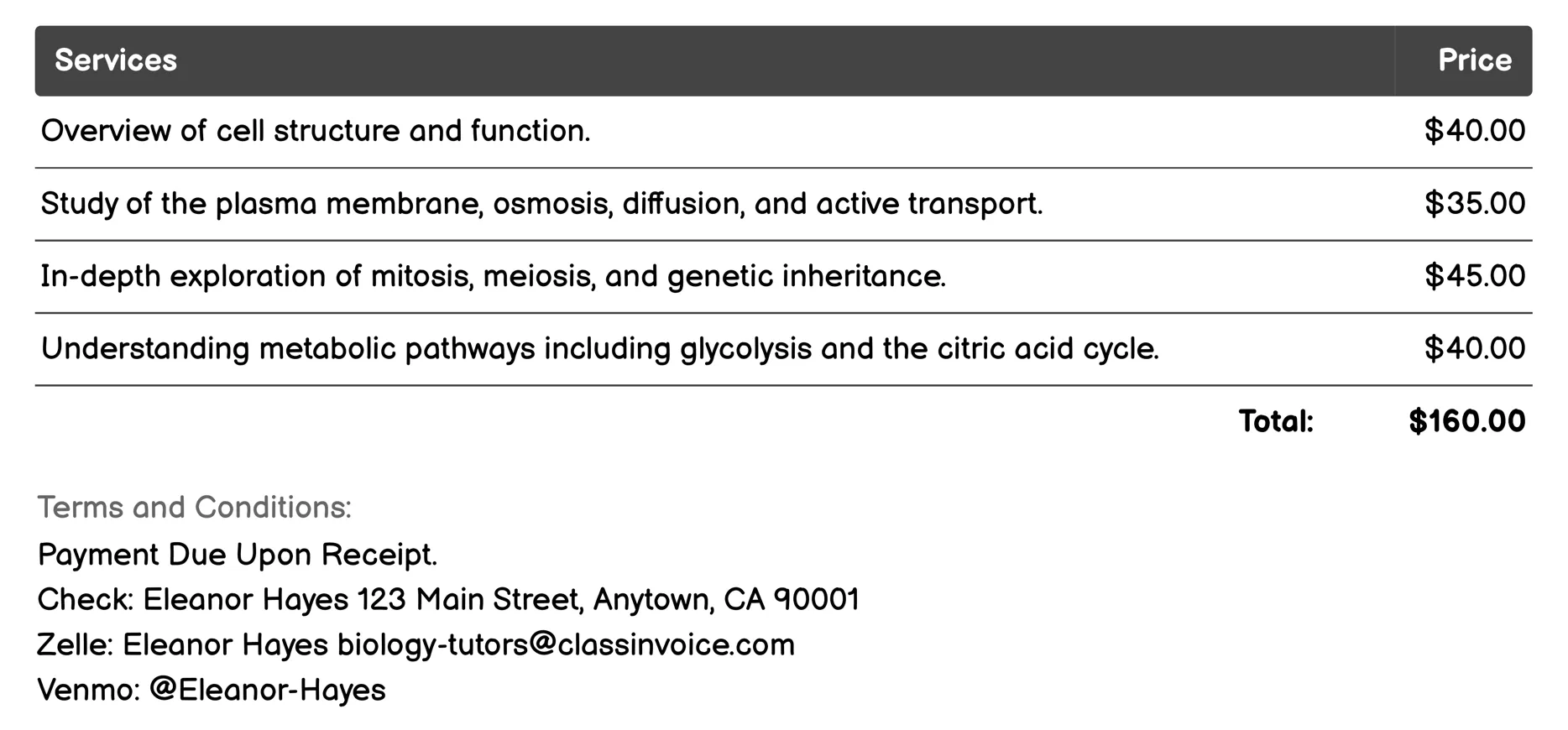 Cell Biology Tutoring Invoice Example