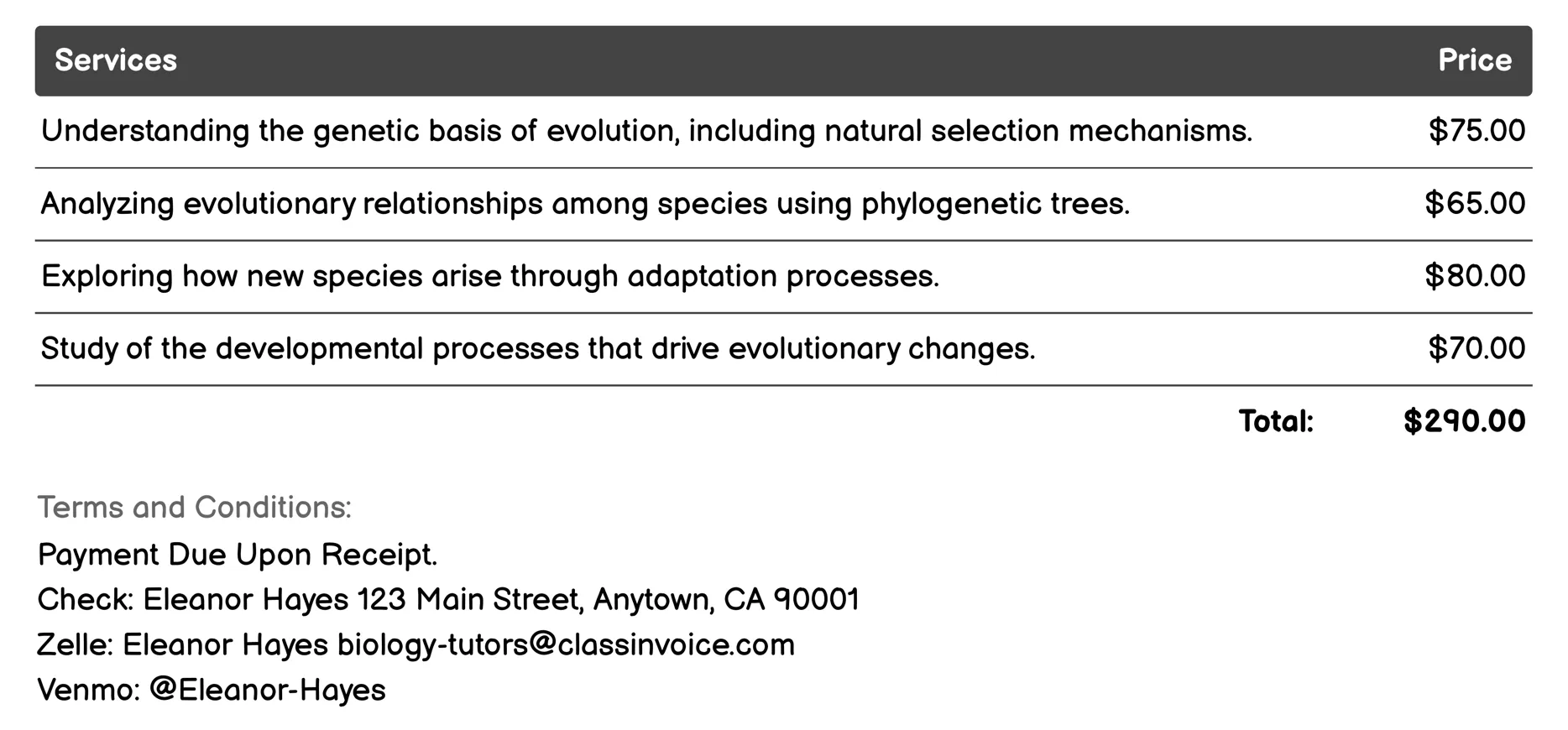 Evolutionary Biology Tutoring Invoice Example