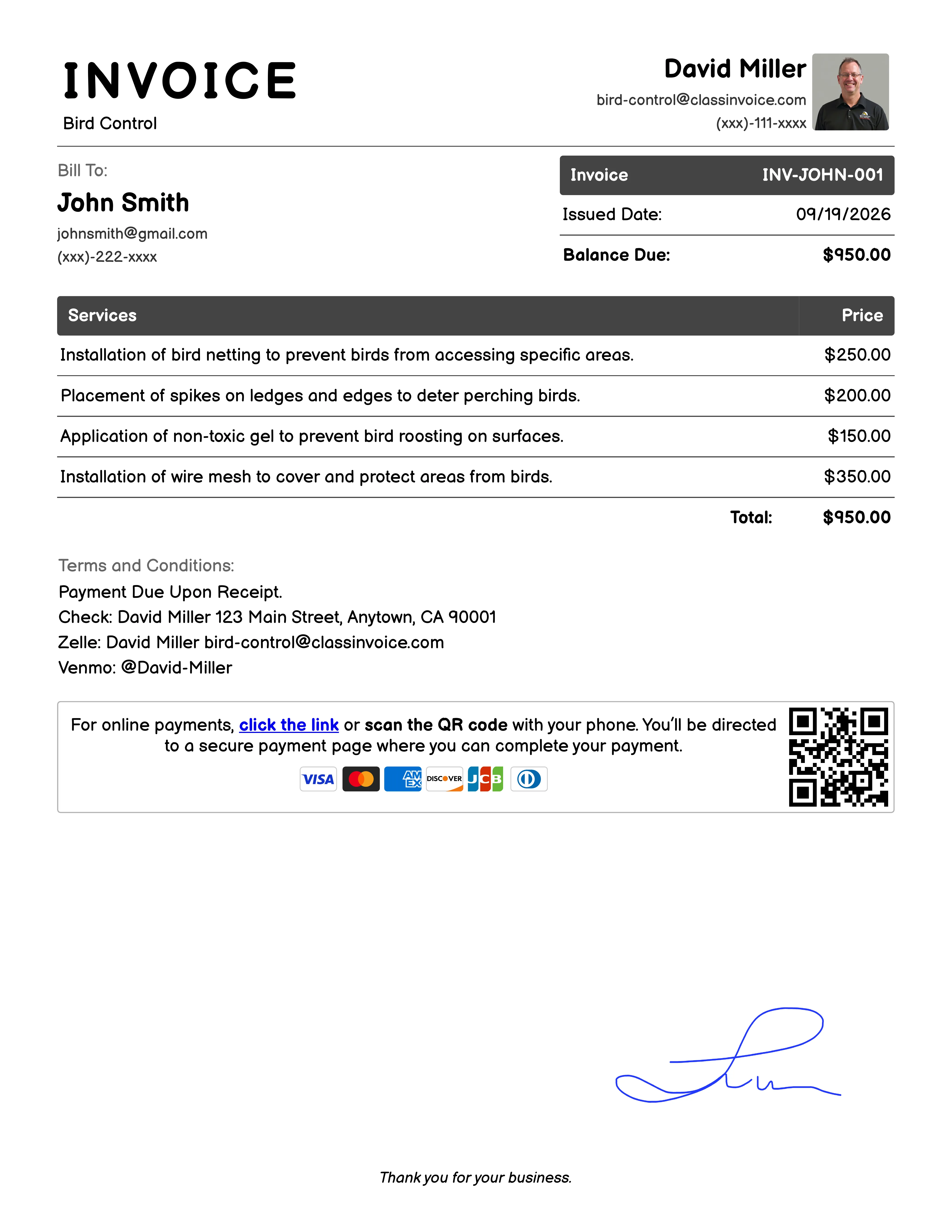 Bird Control Invoice Example