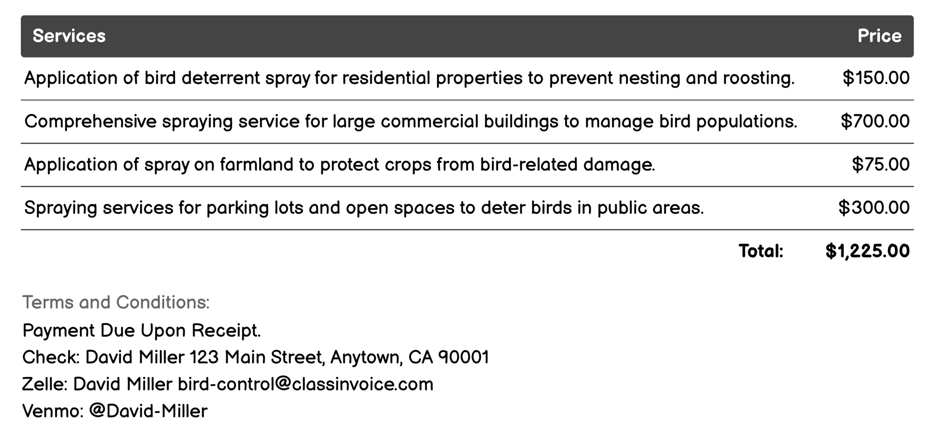 Bird Deterrent Sprays Invoice Example