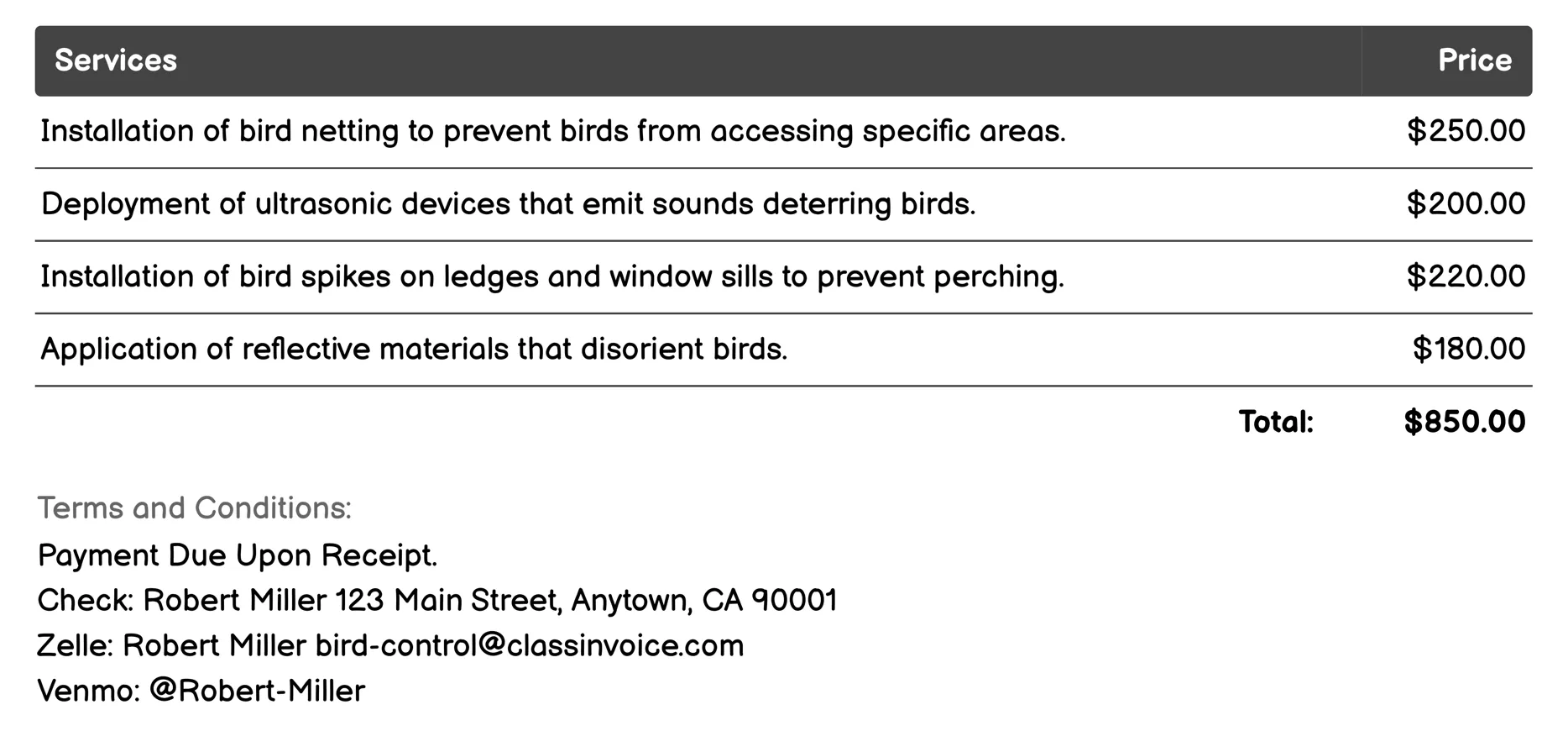 Bird Exclusion Techniques Invoice Example