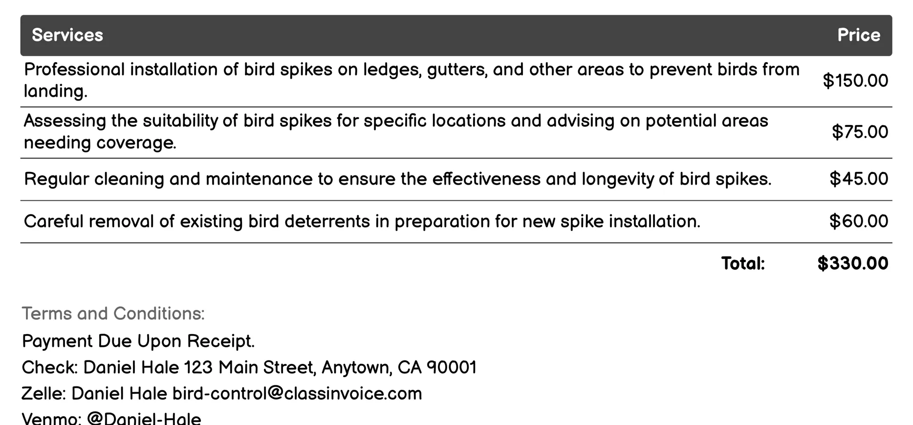 Bird Spikes Invoice Example