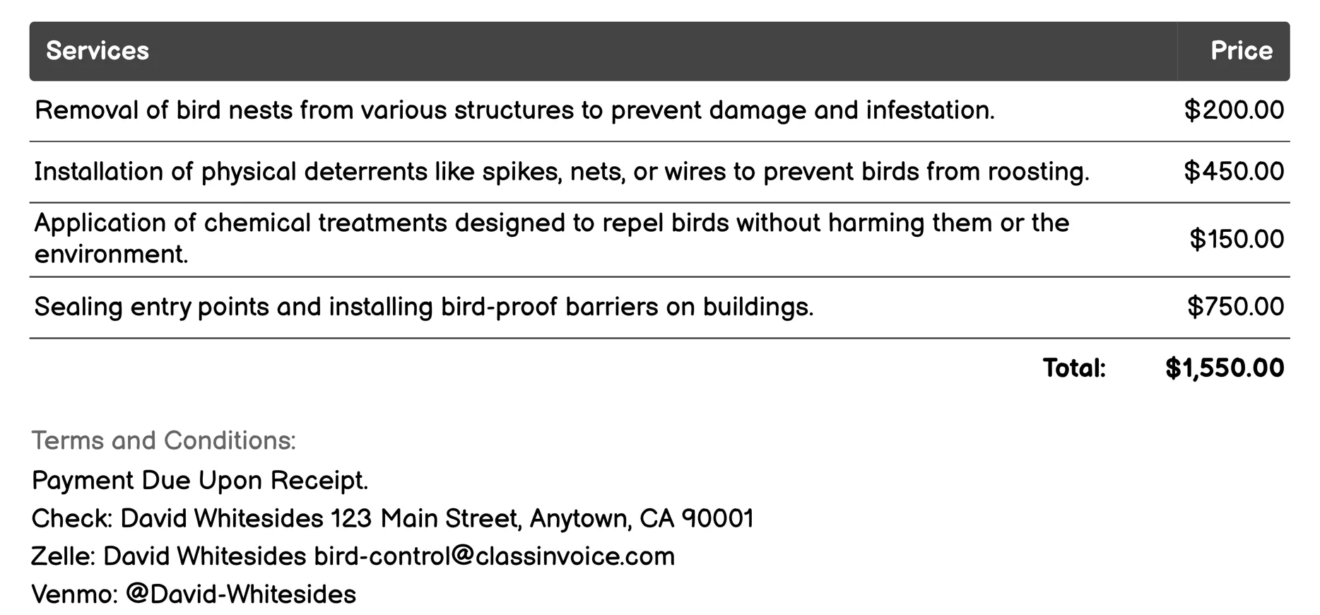 Professional Bird Removal Services Invoice Example