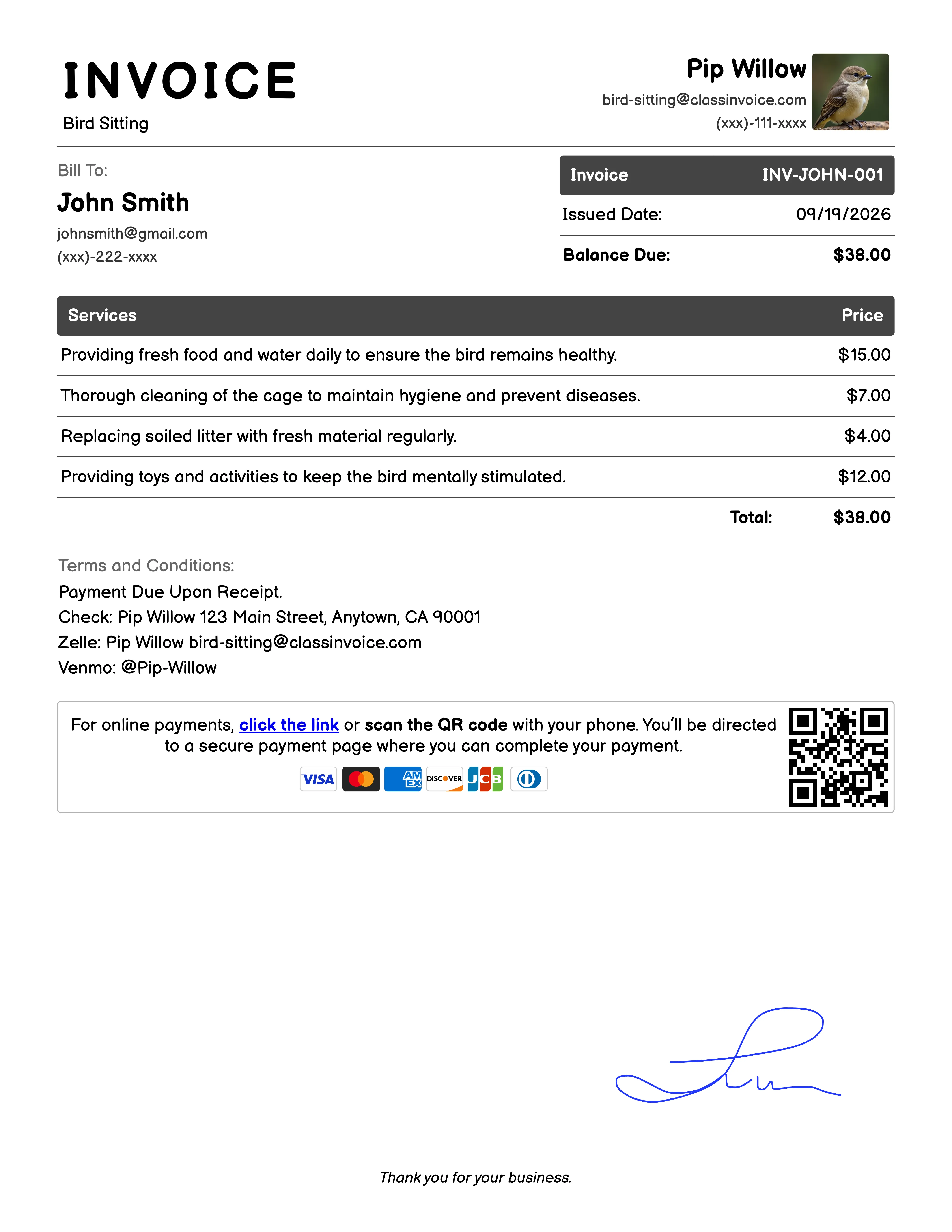 Bird Sitting Invoice Example